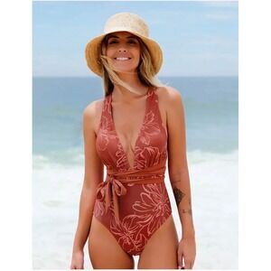 Cupshe Floral Halter Plunge One Piece Swimsuit, Knot Tie Back Closure